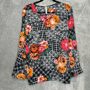 Ny Collection XL Shirt Top Black Floral Bell Long Sleeve Criss Cross V Neck